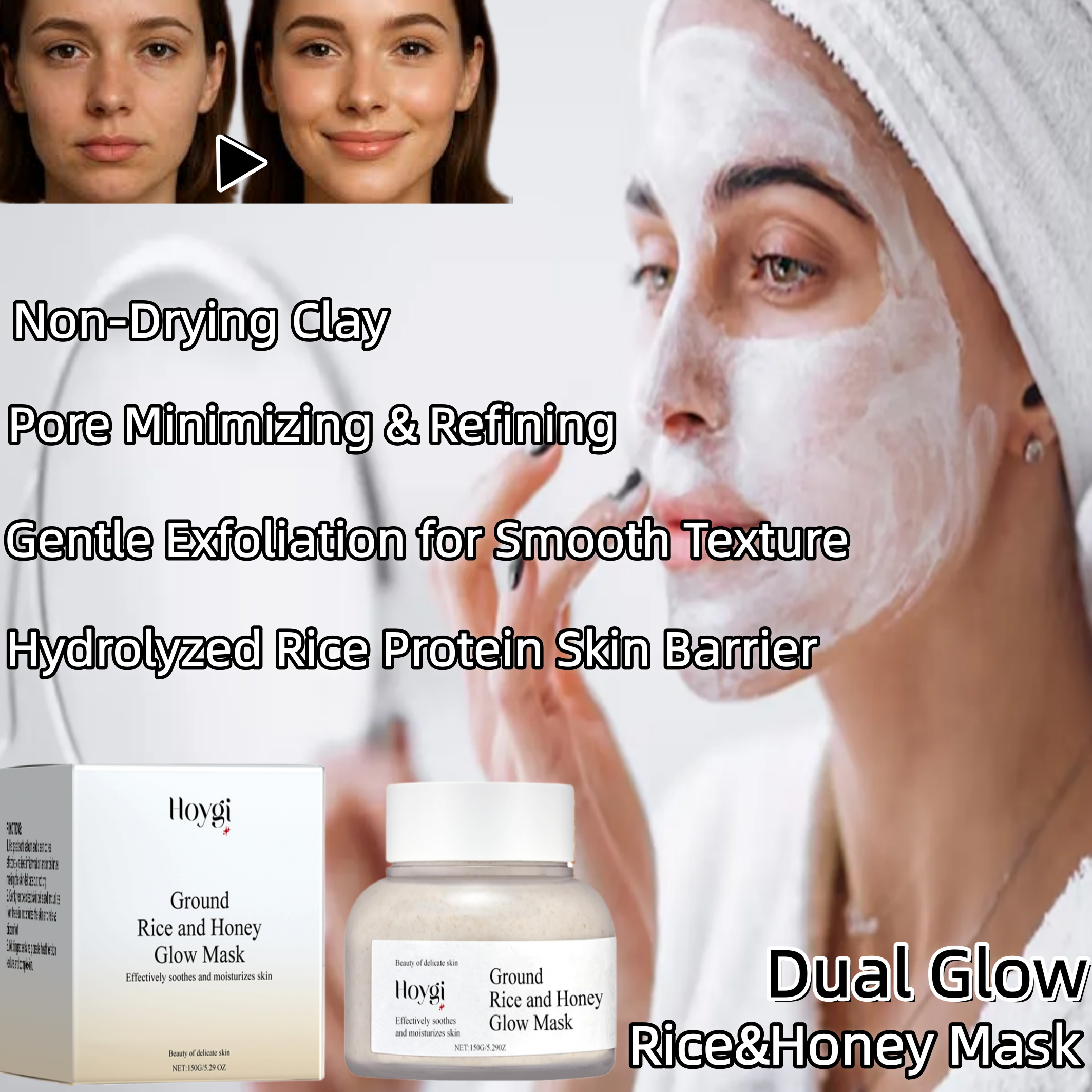Bentonite Clay Mask - Rice&Honey Moisturizing&Brightening Mask, Dual Glow,Hydrolyzed Rice